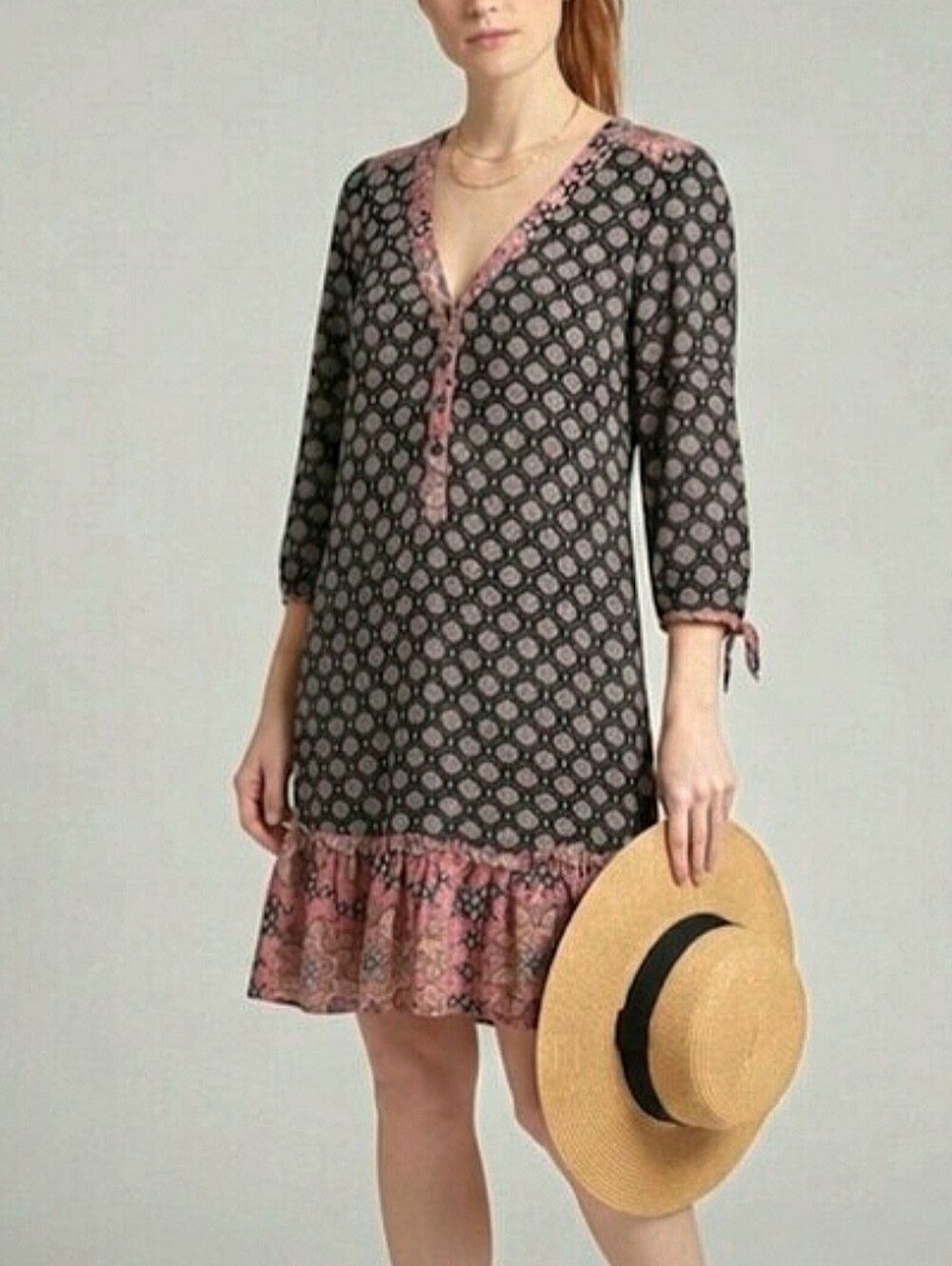H&M 100% Cotton Floral  Long-sleeve Mini Summer Dress / Sz 6 / Black, Dusty Rose